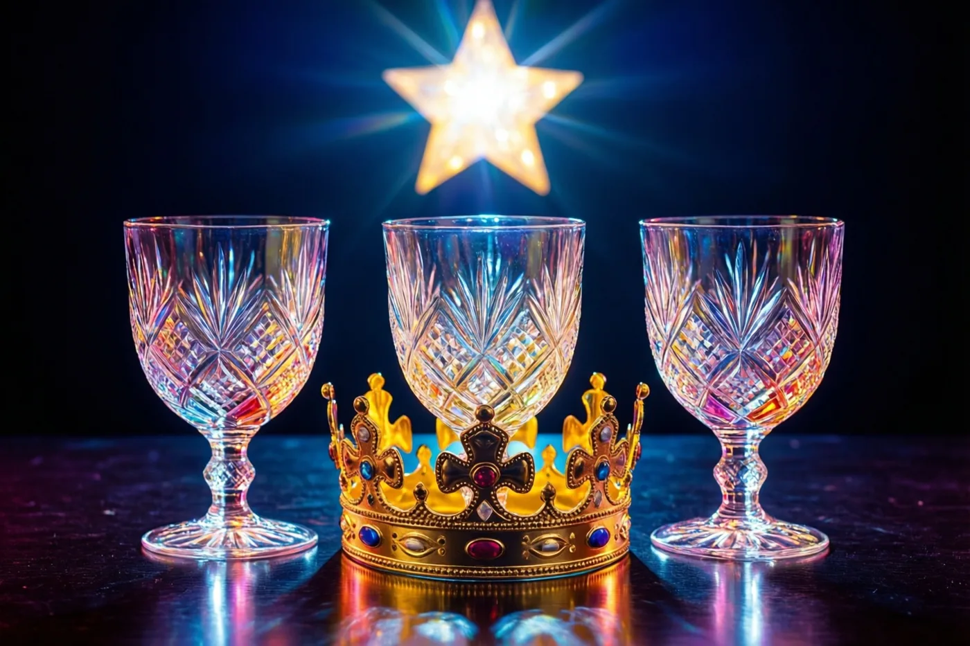 Drie geslepen kristallen glazen en een gouden kroon met juwelen staan op een donkere spiegelende tafel onder een lichtgevende ster.