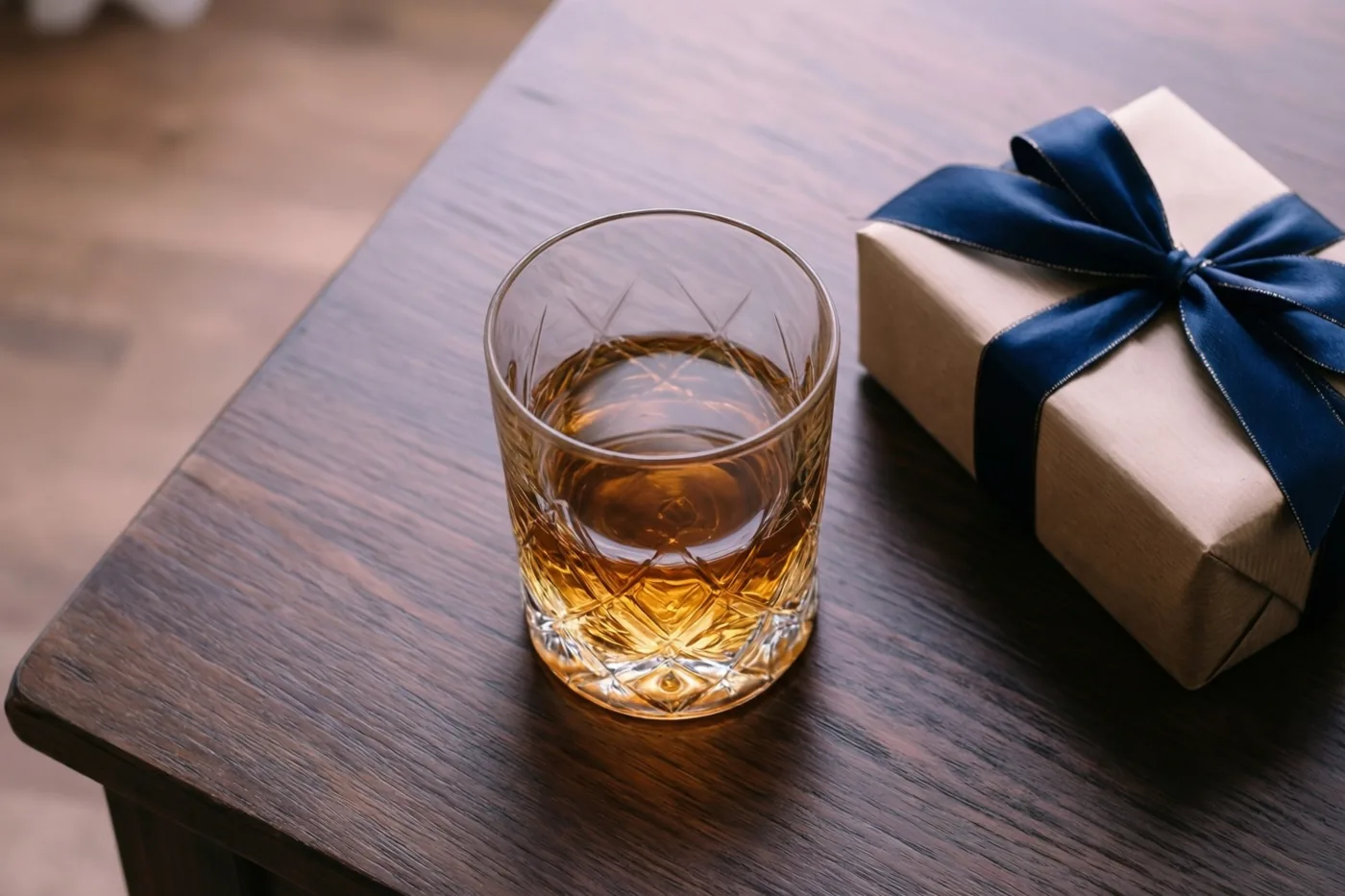 Een kristallen whiskyglas met amberkleurige drank staat naast een cadeau in bruin papier met een donkerblauw lint op een donkere houten tafel.