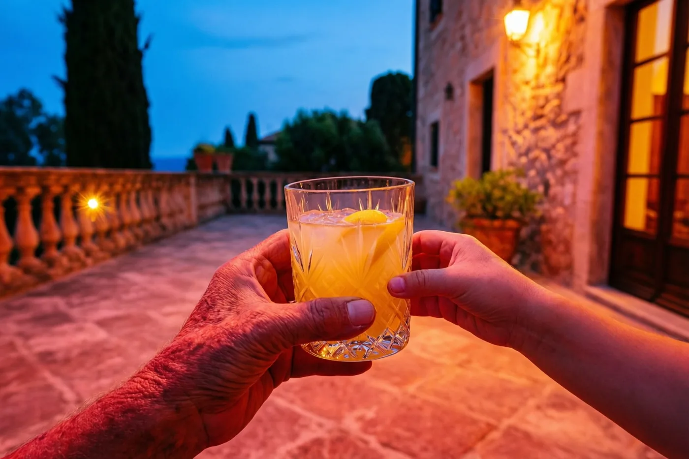 Een oudere en een jonge hand houden samen een kristallen glas limonade vast op een stenen terras in de schemering, omringd door warme oranje en blauwe tinten.
