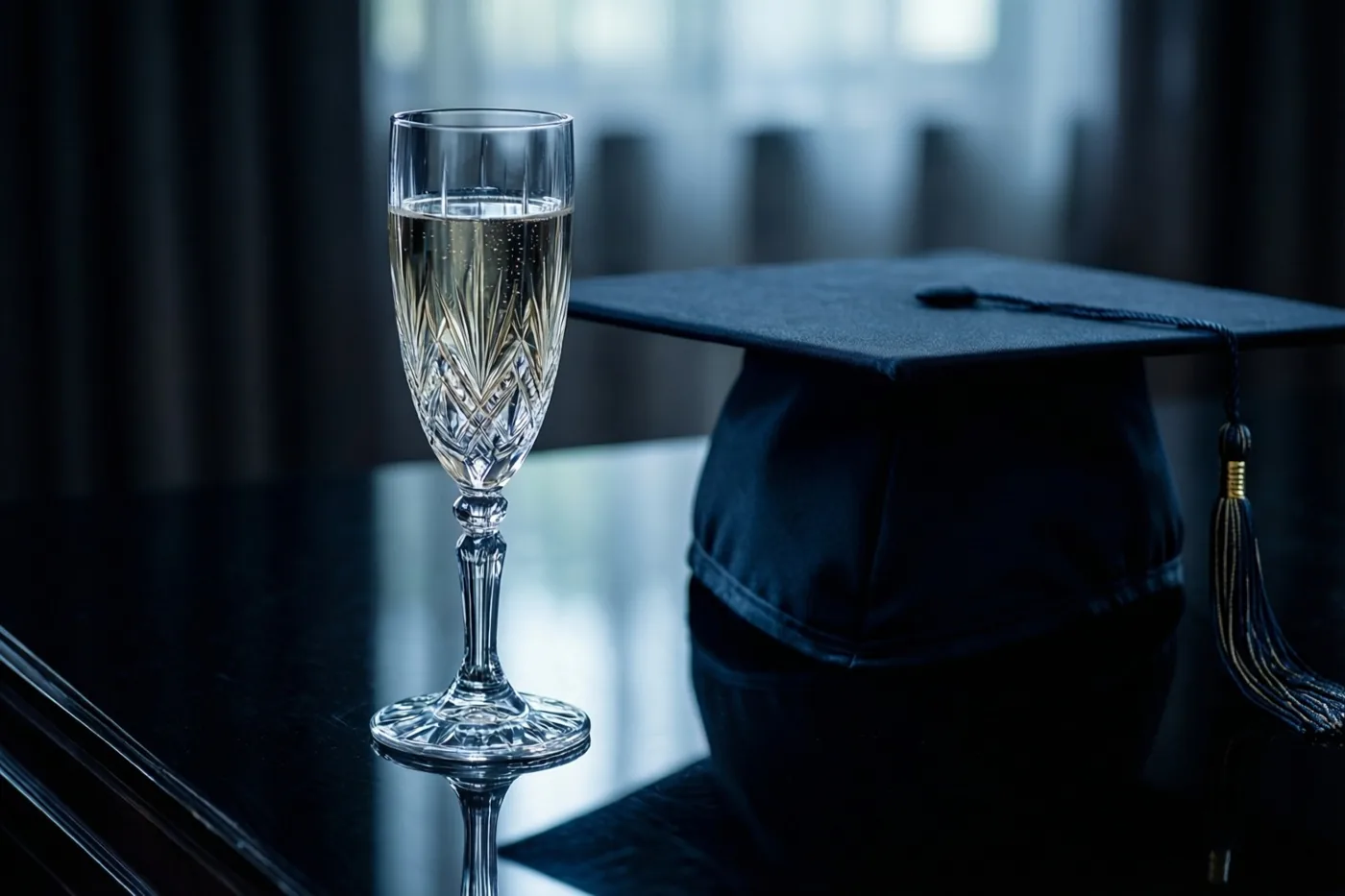 Een kristallen champagneglas en een afstudeerhoed staan op een zwartgelakte tafel in zacht, diffuus licht.