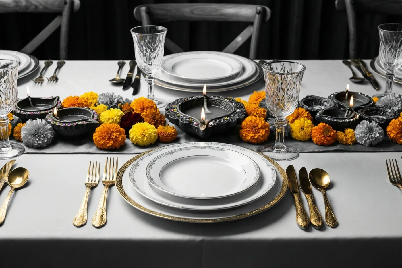Een tafel met een grijs tafelkleed is gedekt met witte porseleinen borden, goudkleurig bestek en kristallen glazen, rond afrikaantjes en brandende olielampjes.
