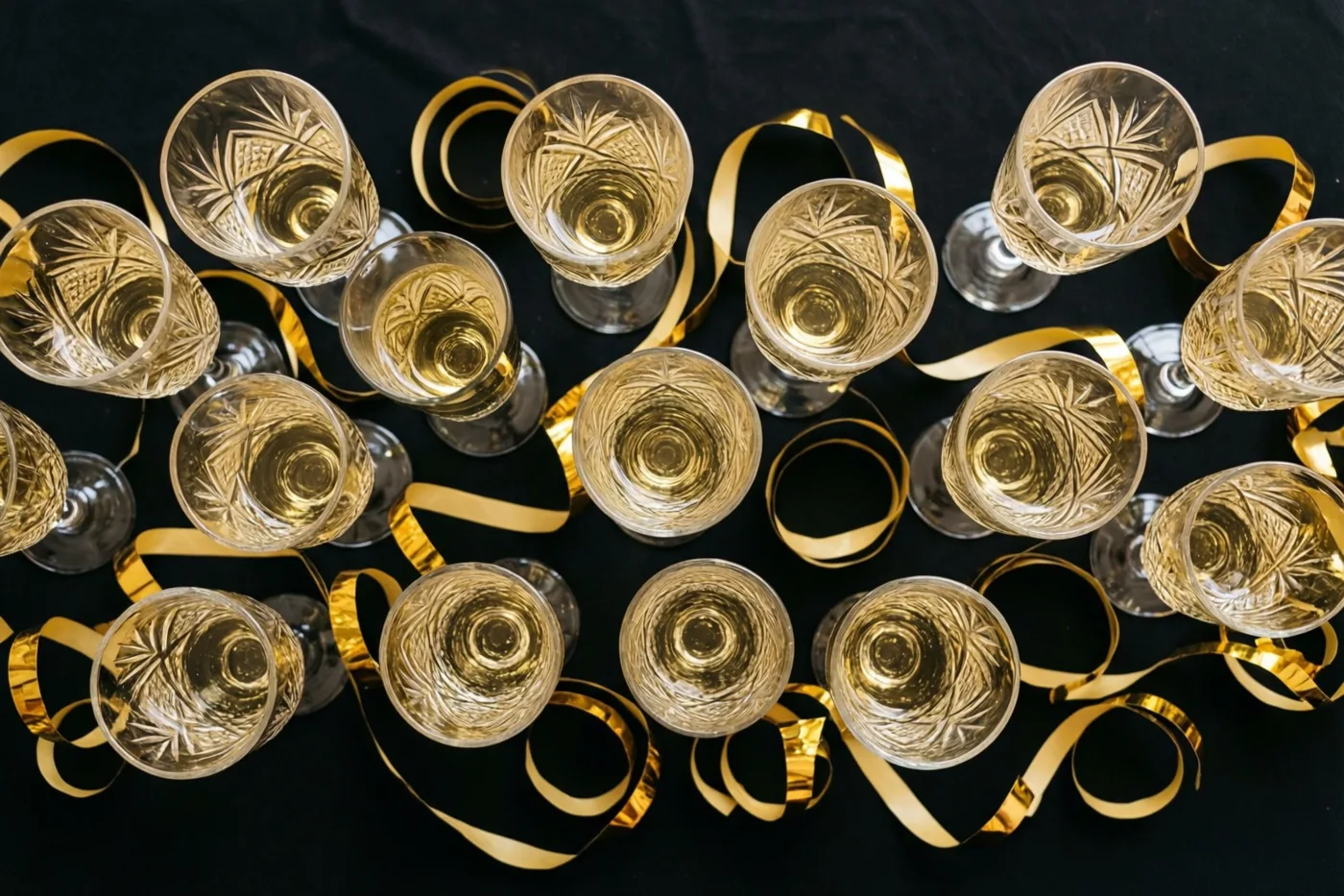 Van bovenaf zijn talrijke kristallen champagneglazen met goudkleurige drank te zien op een zwart oppervlak, met gekrulde gouden slingers ertussen.