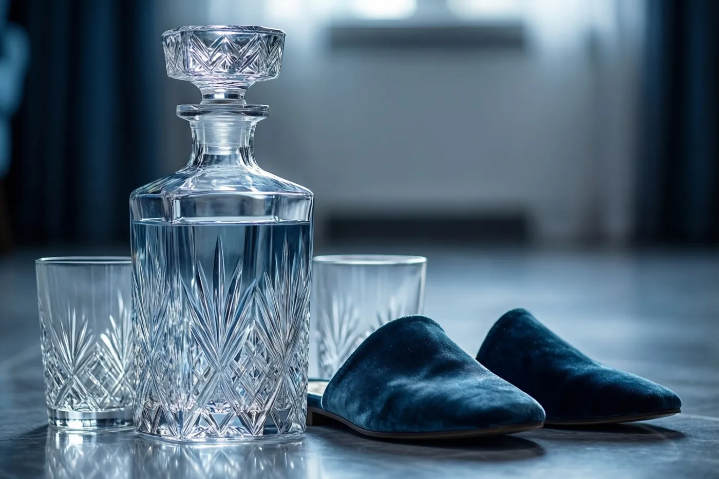 Een kristallen karaf met twee bijpassende glazen en donkerblauwe fluwelen pantoffels staan op een gepolijste vloer in een zacht verlicht interieur met koele tinten.