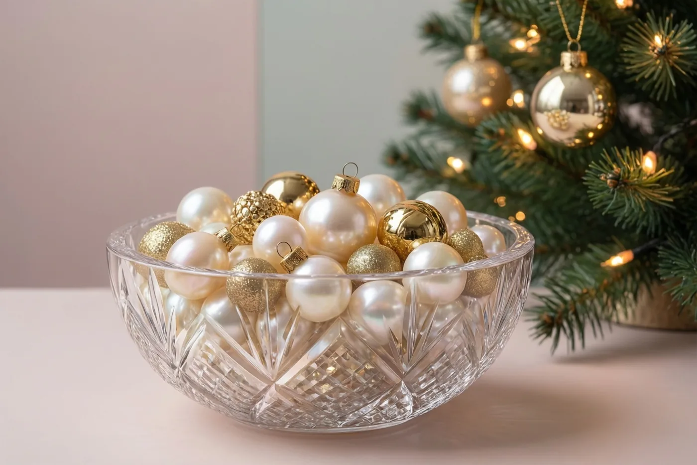 Een kristallen schaal met parelachtige en gouden kerstversieringen staat op een lichtroze oppervlak naast een verlichte kerstboom.