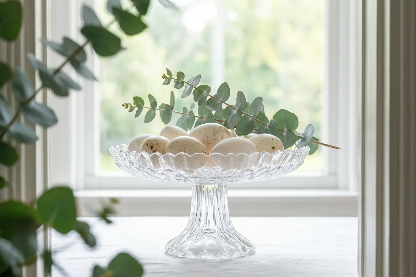Een kristallen taartplateau met geschulpte randen, lichte gemarmerde eieren en een takje eucalyptus staat op een wit tafelkleed bij een helder raam.