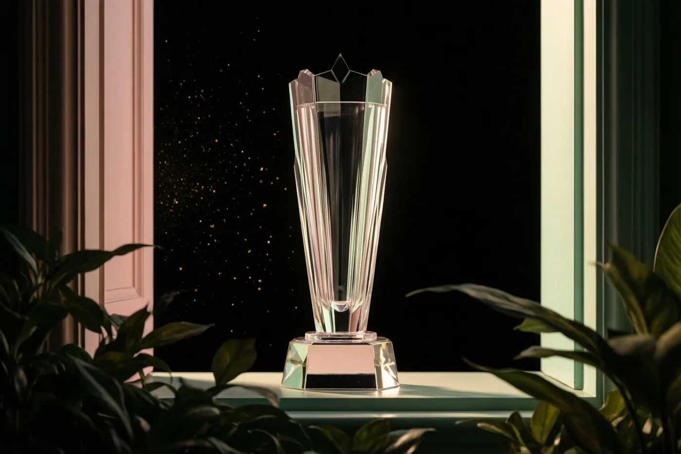 Een kristallen trofee met geslepen vlakken staat op een vensterbank tussen raamkozijnen en groen, tegen een zwarte achtergrond met gouden spikkels.