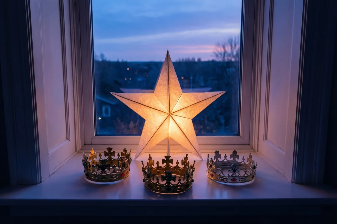 Drie sierlijke kronen staan op een witte vensterbank naast een papieren sterlantaarn met warm geel licht, met een blauwe en paarse schemerlucht achter het raam.