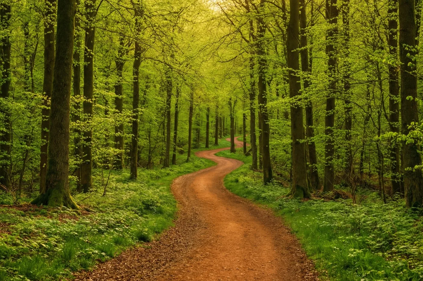 Een kronkelend zandpad loopt door een dicht bos met fris lentegroen, waar warm gouden zonlicht door het bladerdak valt.