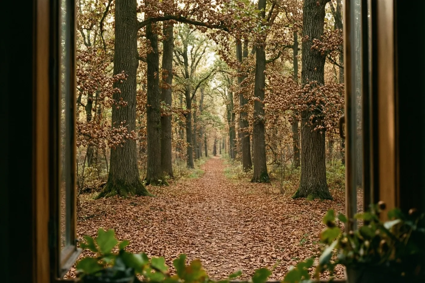 Door een raam is een kronkelend pad tussen hoge eiken te zien, bedekt met bruine bladeren en eikels in warm goudkleurig licht.