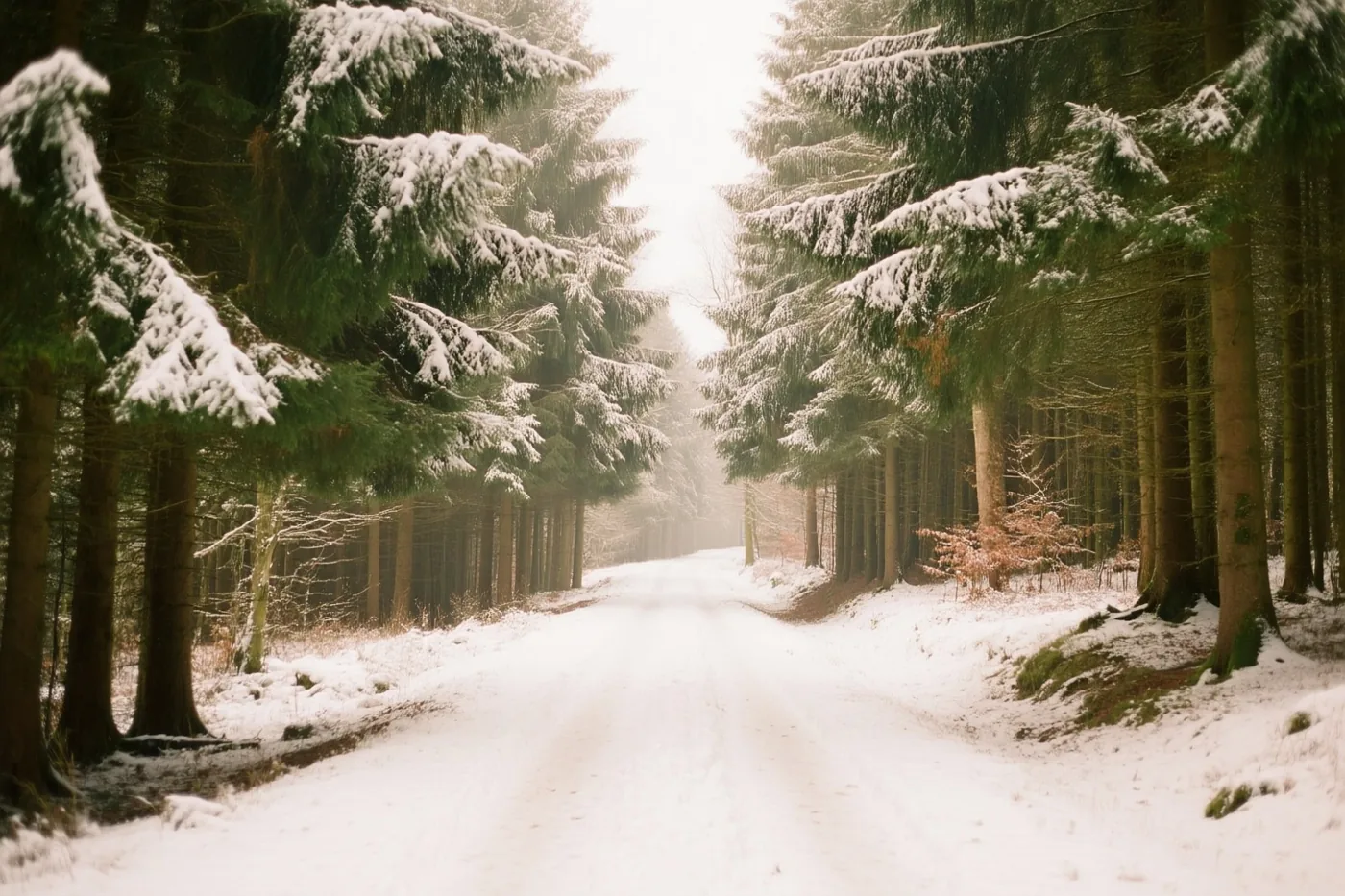 Een besneeuwd bospad kronkelt tussen hoge sparren met sneeuw op hun takken.