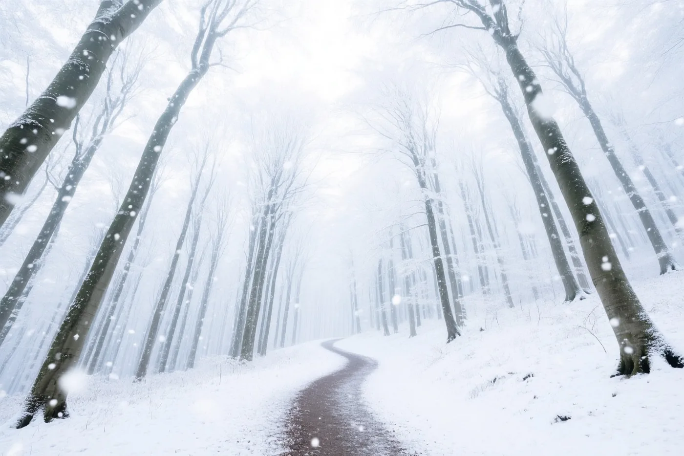 Een kronkelend voetpad loopt door een besneeuwd beukenbos waar zacht sneeuw valt, in overwegend witte en grijze tinten.