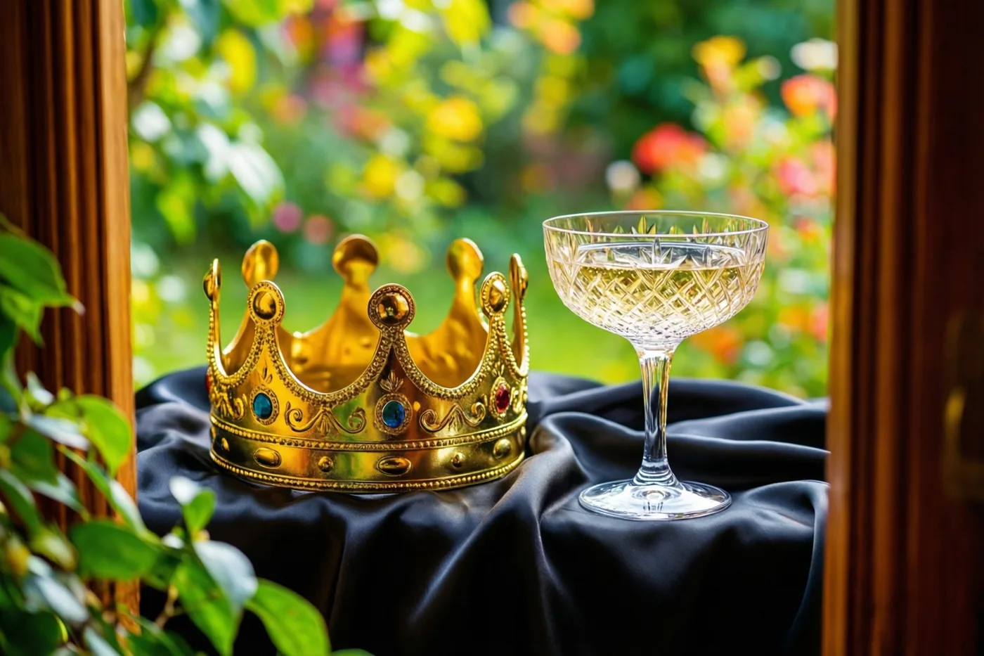 Door een open raam zijn een gouden feestkroon en een kristallen champagnecoupe op zwarte zijde te zien, met een onscherpe tuin op de achtergrond.