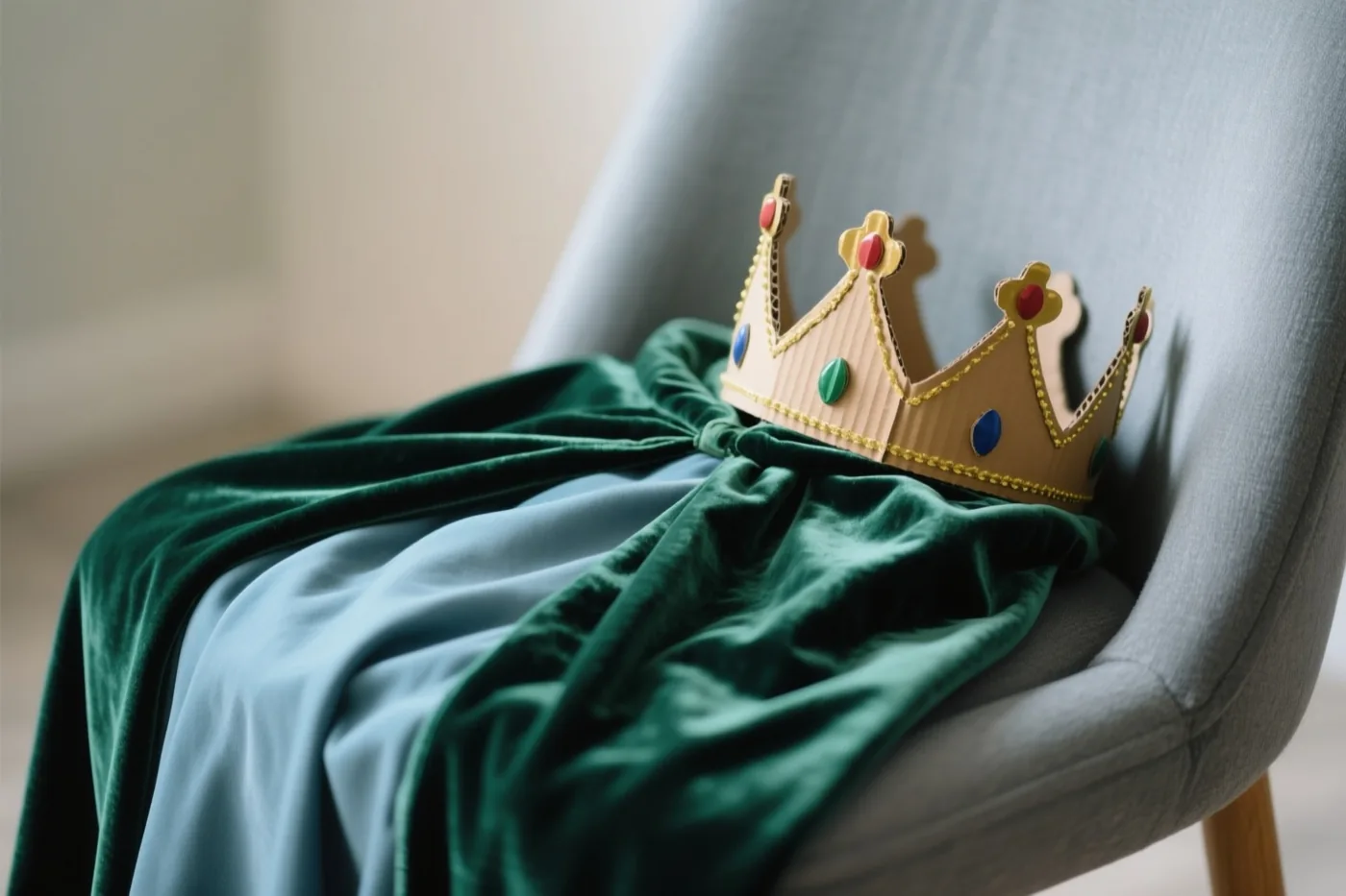 Een kartonnen kroon met gekleurde stenen en een groene fluwelen mantel liggen op een grijze stoffen stoel.