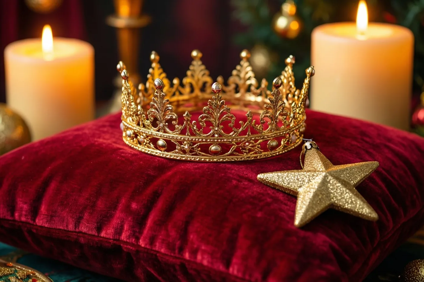 Een fijne gouden kroon en een verguld sterornament liggen op een dieprood fluwelen kussen in warm kaarslicht.