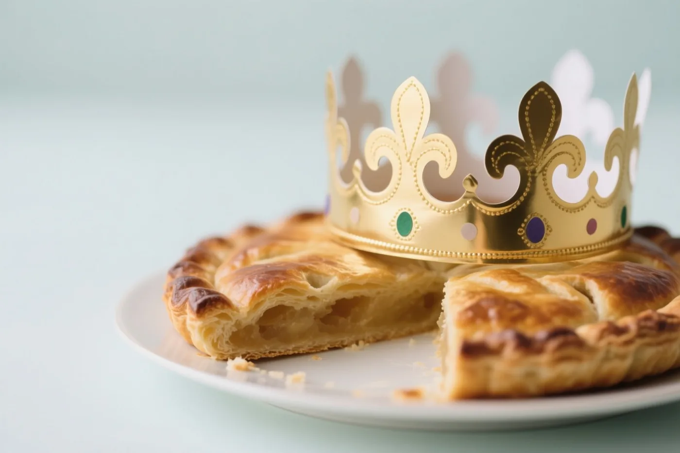 Een gouden papieren kroon met leliemotieven staat op een driekoningentaart met een uitgesneden punt die de fruitvulling toont, tegen een lichtblauwe achtergrond.