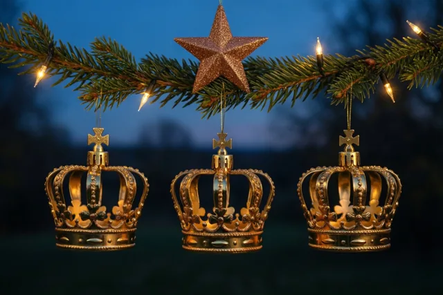 Drie gouden kroontjes hangen aan een dennentak met lichtjes en een glinsterende ster erboven, tegen een donkerblauwe schemerlucht.