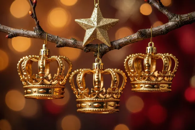 Drie kleine gouden kroontjes hangen aan een kale tak met een glinsterende ster erboven, tegen een wazige achtergrond van gouden en rode lichtjes.