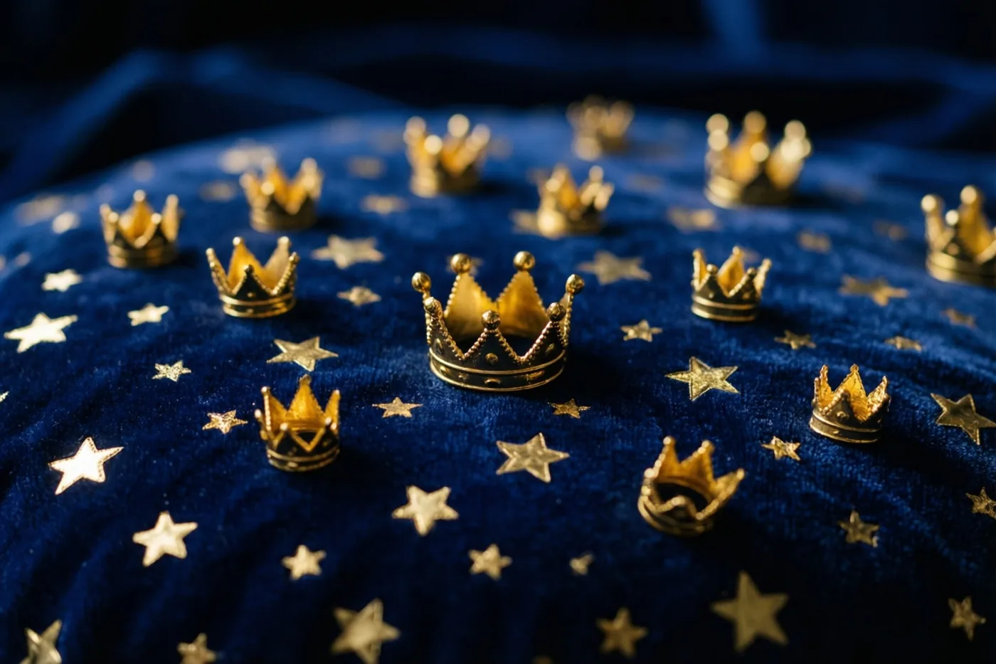 Kleine gouden kroontjes en sterren liggen verspreid over diepblauw fluweel in zacht licht.