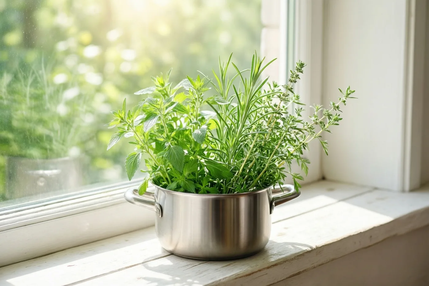 Een roestvrijstalen pot met groene kruiden staat op een witte houten vensterbank in fel zonlicht, met wazig groen achter het raam.