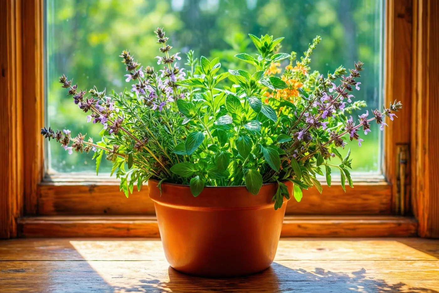 Een terracotta pot met groene kruiden en paarse bloemen staat op een houten vensterbank in zonlicht, met wazig groen achter het raam.