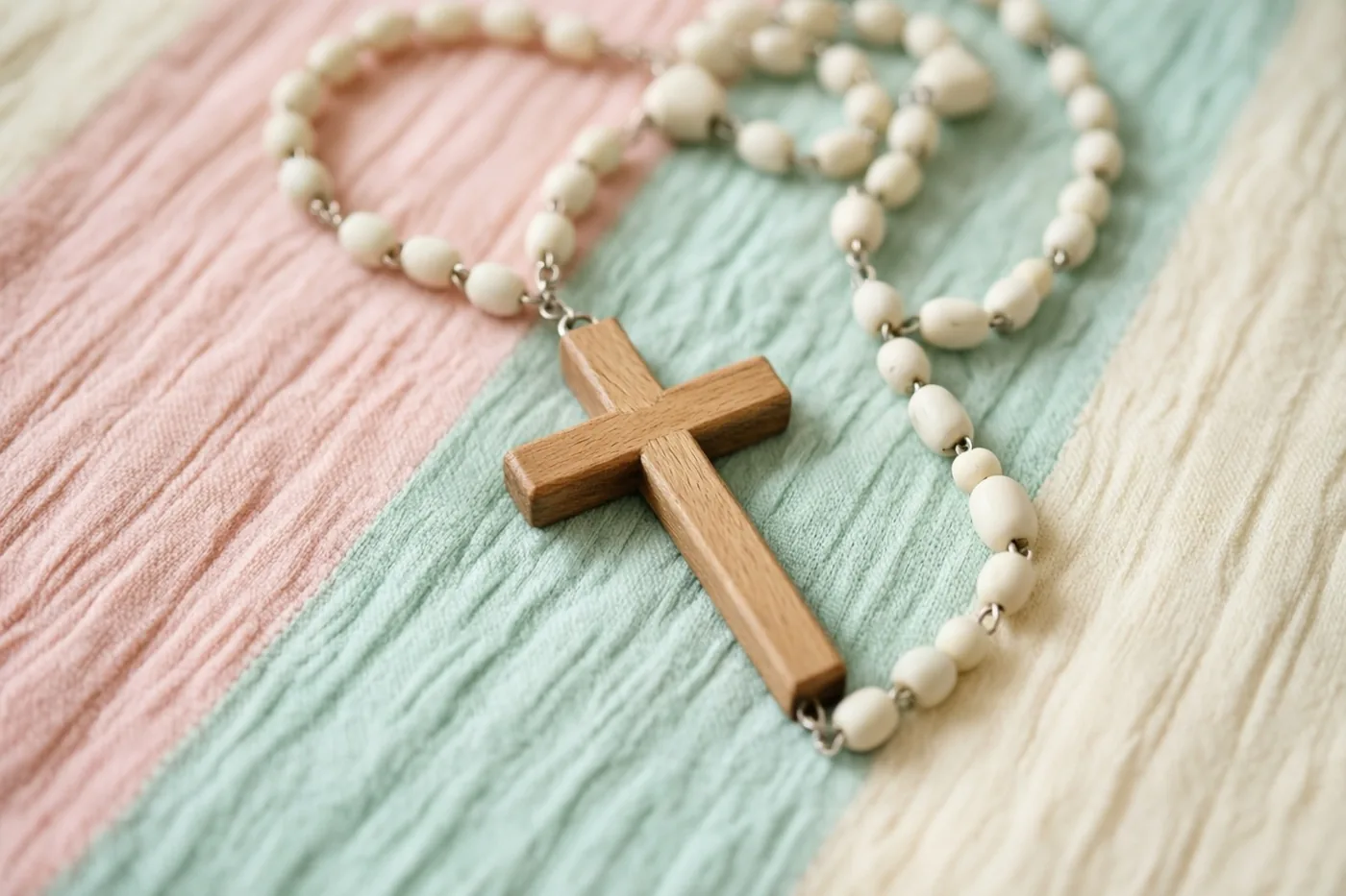 Een houten kruis en een witte rozenkrans liggen op een gekreukeld deken in zachtroze, mintgroene en crèmekleurige tinten.
