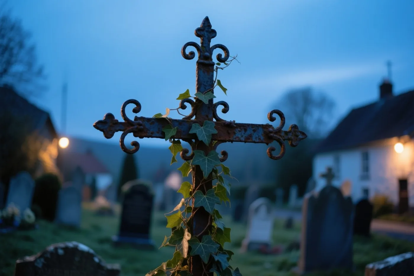 Een verweerd smeedijzeren kruis met klimop staat op een dorpskerkhof in blauwe schemertinten, met warme lichtjes op de achtergrond.