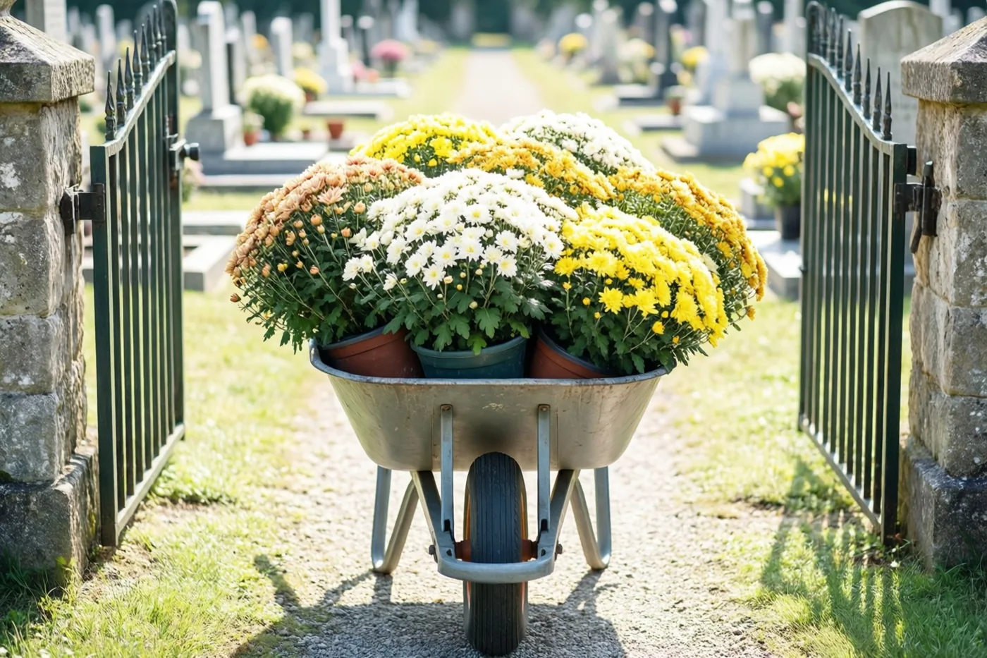 Een metalen kruiwagen vol potten gele, witte en oranje chrysanten staat bij de open poort van een begraafplaats in fel zonlicht.