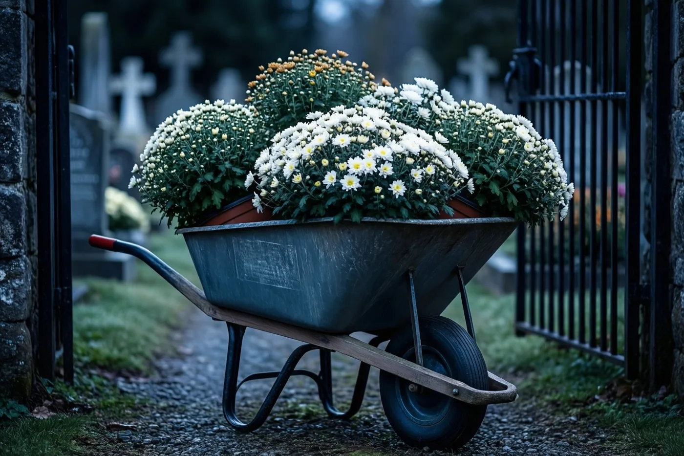 Een kruiwagen vol witte en gele chrysanten staat bij de stenen poort van een begraafplaats in een donkere, mistige omgeving.
