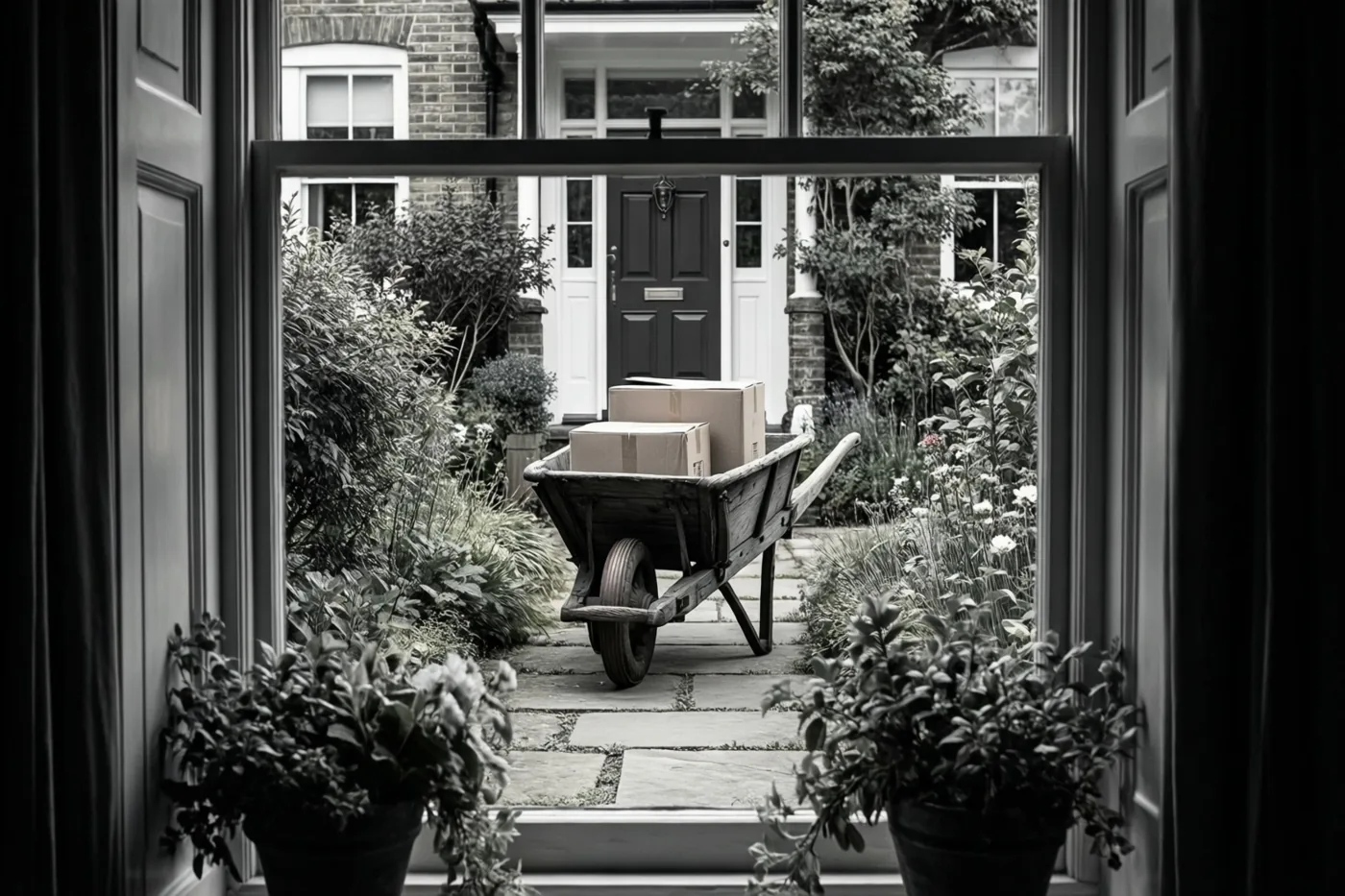 Door een open deuropening met potplanten is in zwart-wit een oude houten kruiwagen met dozen te zien op een stenen tuinpad naar een donkere voordeur tussen het groen.