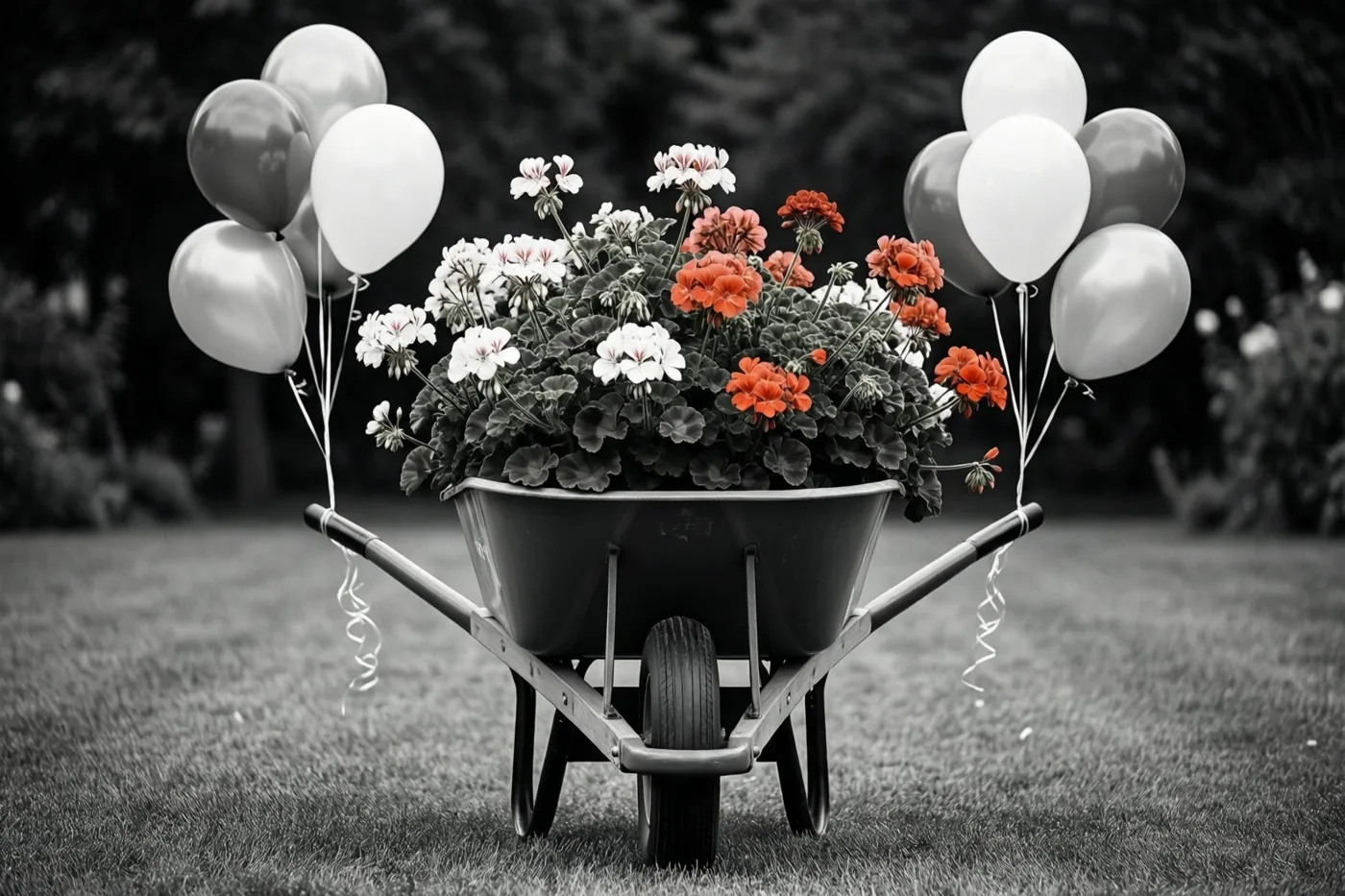Een kruiwagen met rode en witte geraniums staat op gras, met witte en zilverkleurige ballonnen aan de handvatten en een achtergrond in zwart-wit.