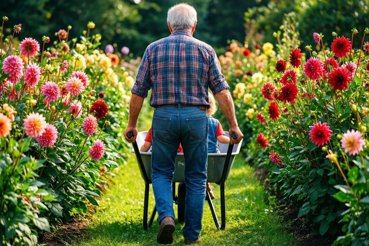Een oudere man met wit haar rijdt een kind in een kruiwagen door een zonnige tuin met roze, rode en gele dahlia's.