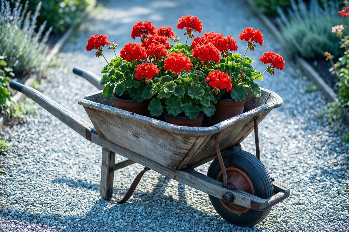 Rode geraniums in potten vullen een oude houten kruiwagen op een grindpad in fel zonlicht, met groene bladeren en tuinplanten eromheen.