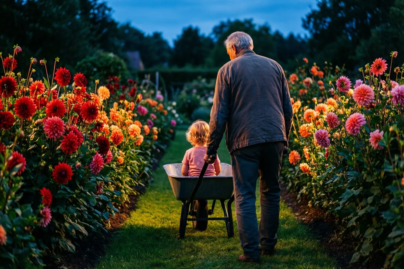 Een oudere man duwt een klein kind in een kruiwagen over een graspad tussen rijen kleurrijke dahlia's in de schemering.