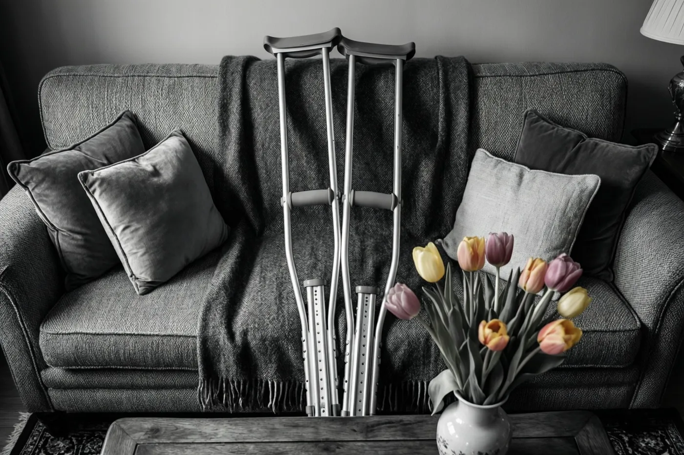 Krukken leunen tegen een grijze zetel met een deken en kussens, terwijl kleurrijke tulpen op een houten tafel afsteken tegen de zwart-witte achtergrond.