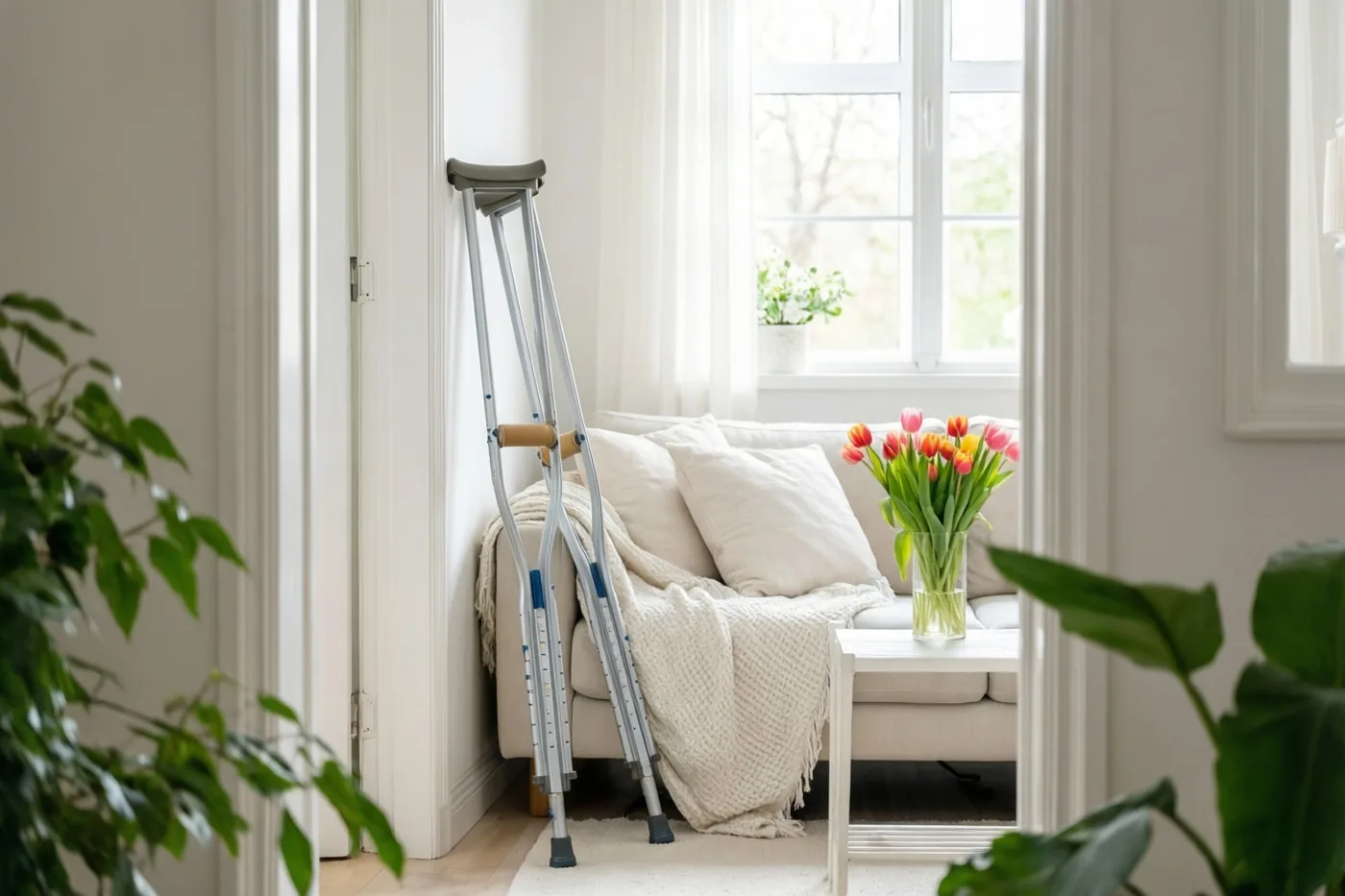 Krukken staan tegen een beige zetel met een crèmekleurige deken en kussens, naast een witte salontafel met kleurrijke tulpen in een lichte kamer met planten en doorschijnende gordijnen.