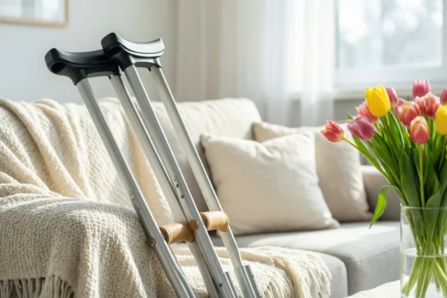 Een paar krukken leunt tegen een zetel met een crèmekleurige gebreide deken en kussens, met een vaas kleurrijke tulpen in een lichte woonkamer.