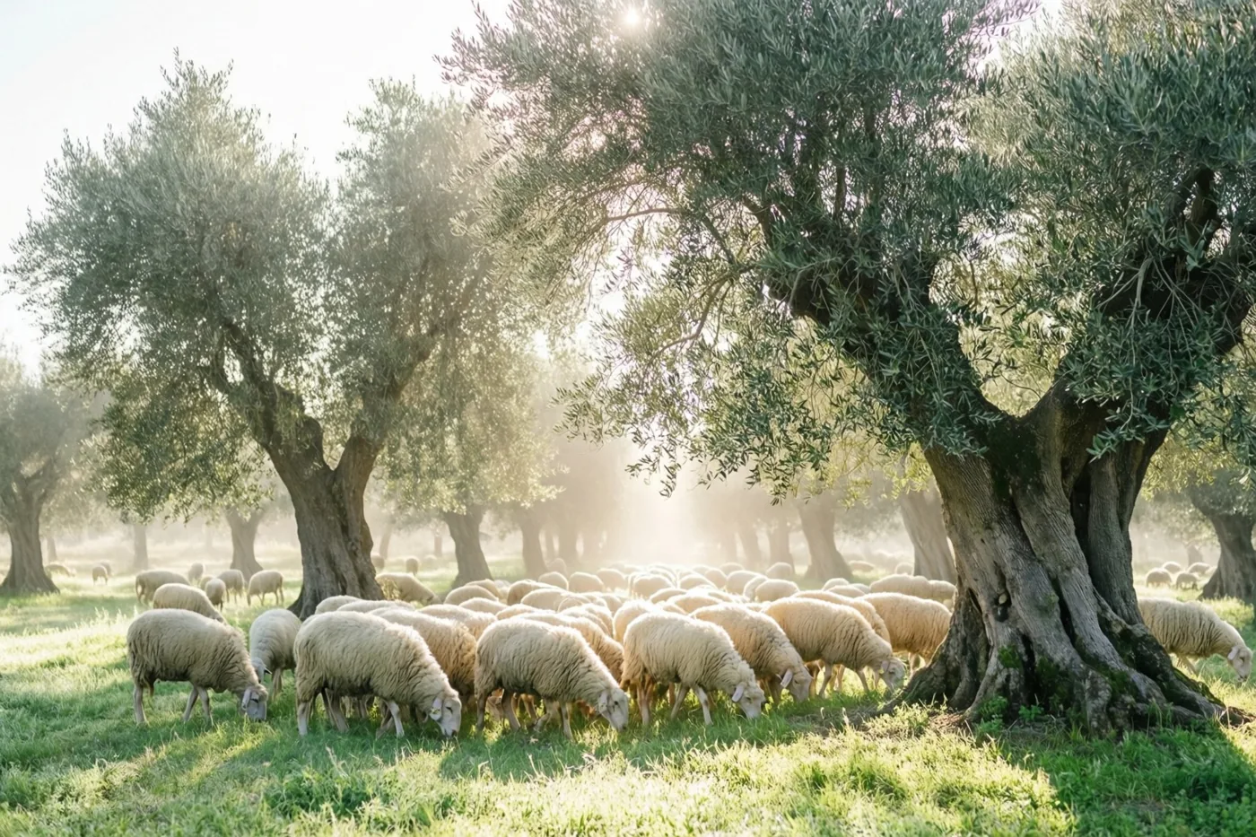 Een kudde schapen graast op groen gras onder grote oude olijfbomen, waar zacht gouden ochtendlicht door de takken valt.