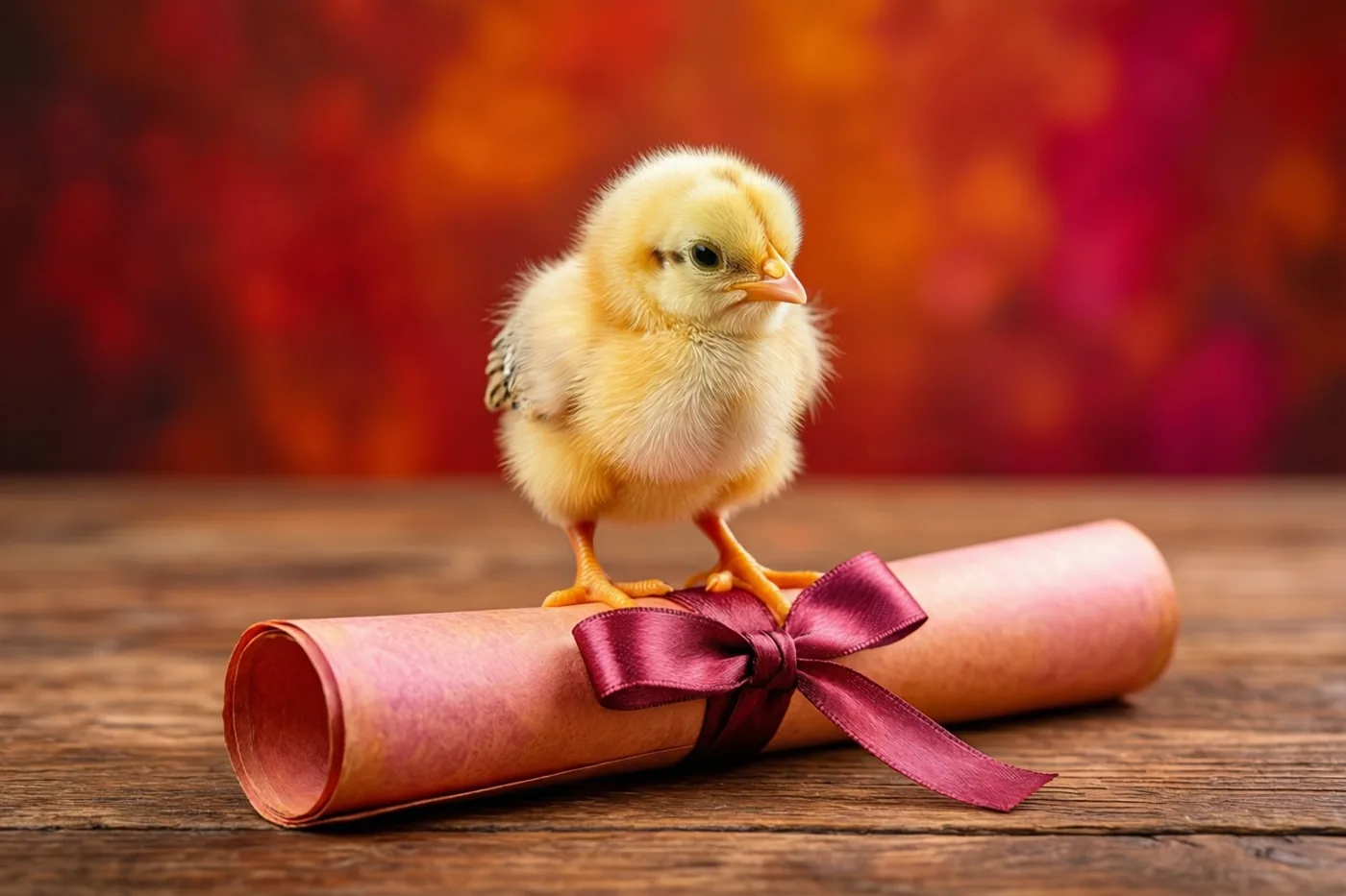Een klein geel kuiken staat op een opgerold diploma met een dieprood lint op een houten tafel tegen een wazige rood-oranje achtergrond.