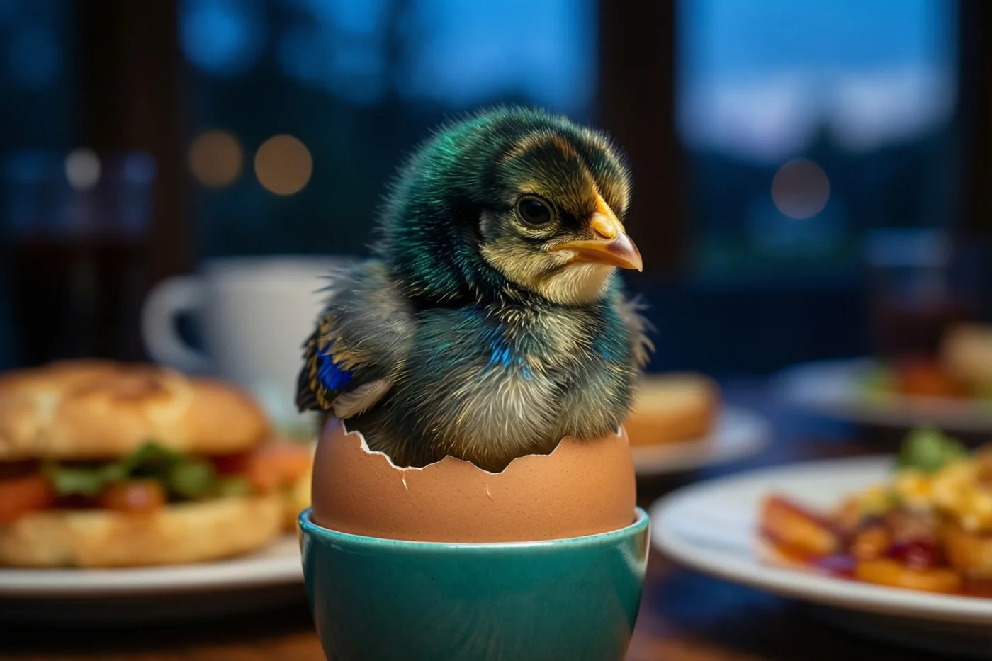 Een pluizig kuiken met glanzende groene en blauwe veren zit in een gebarsten ei in een blauwgroen eierdopje op een ontbijttafel, met onscherpe borden en een raam op de achtergrond.