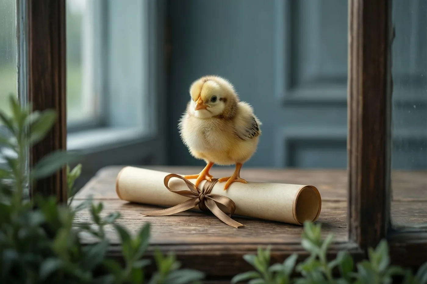 Een klein geel kuiken staat op een opgerold diploma met een bruin lint op een houten tafel bij een raam, in zacht daglicht.