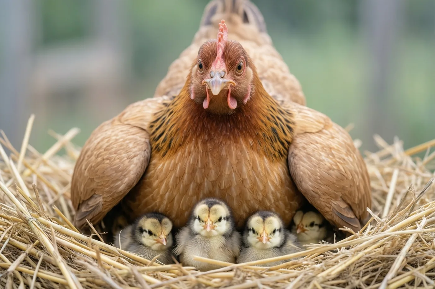 Een bruine hen zit met gespreide vleugels in een strooien nest, met kuikenkopjes onder haar veren en een onscherpe groene achtergrond.