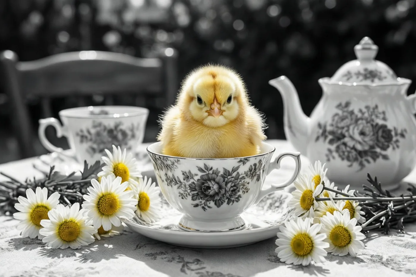 Een donzig geel kuikentje zit in een wit gebloemd theekopje op een tafel met madeliefjes, met een theepot en een tweede kopje op de achtergrond.