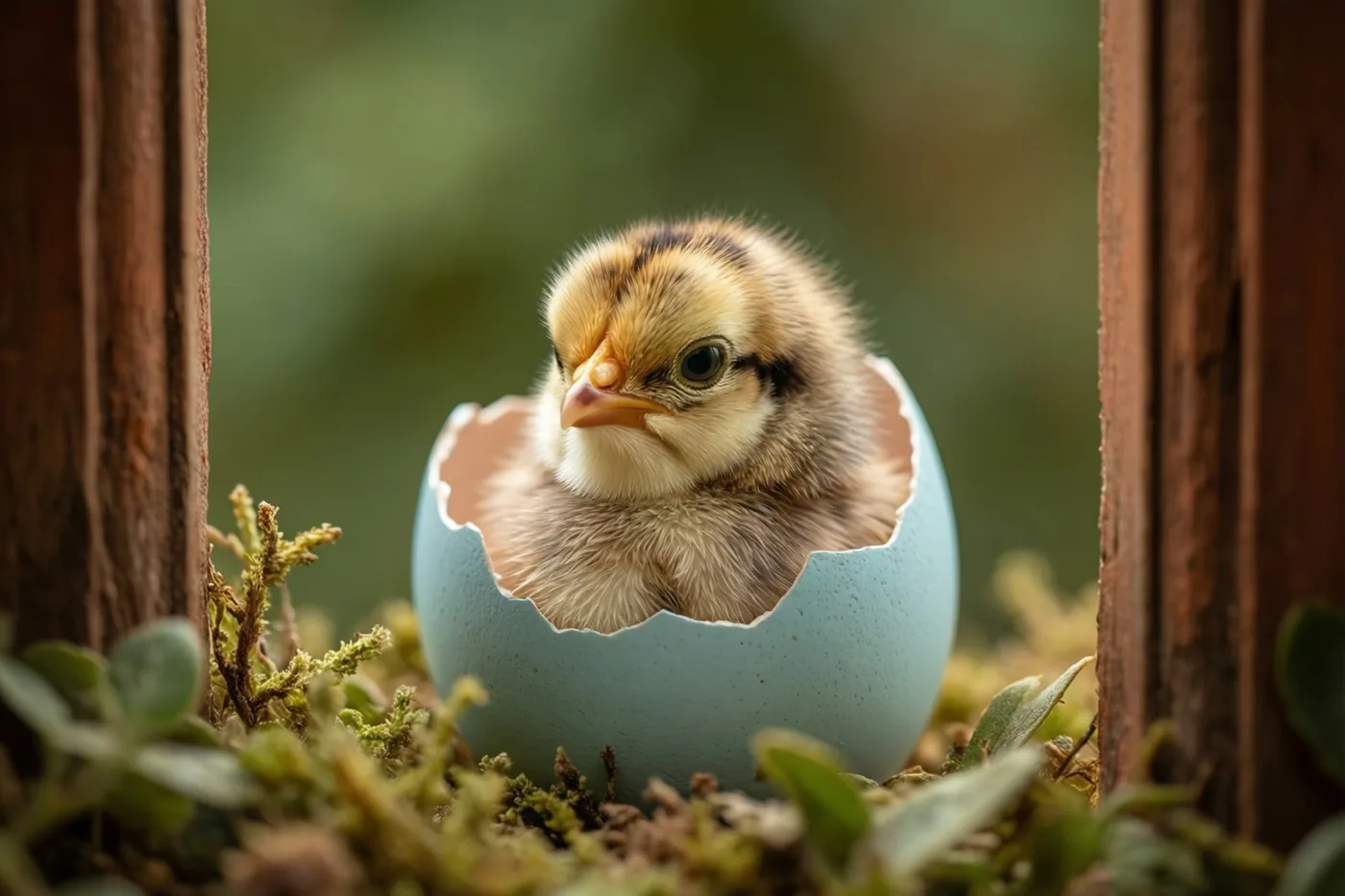 Een pluizig kuikentje met geelbruin dons zit in een halfopen pastelblauwe eierschaal, omringd door mos en houten paaltjes.