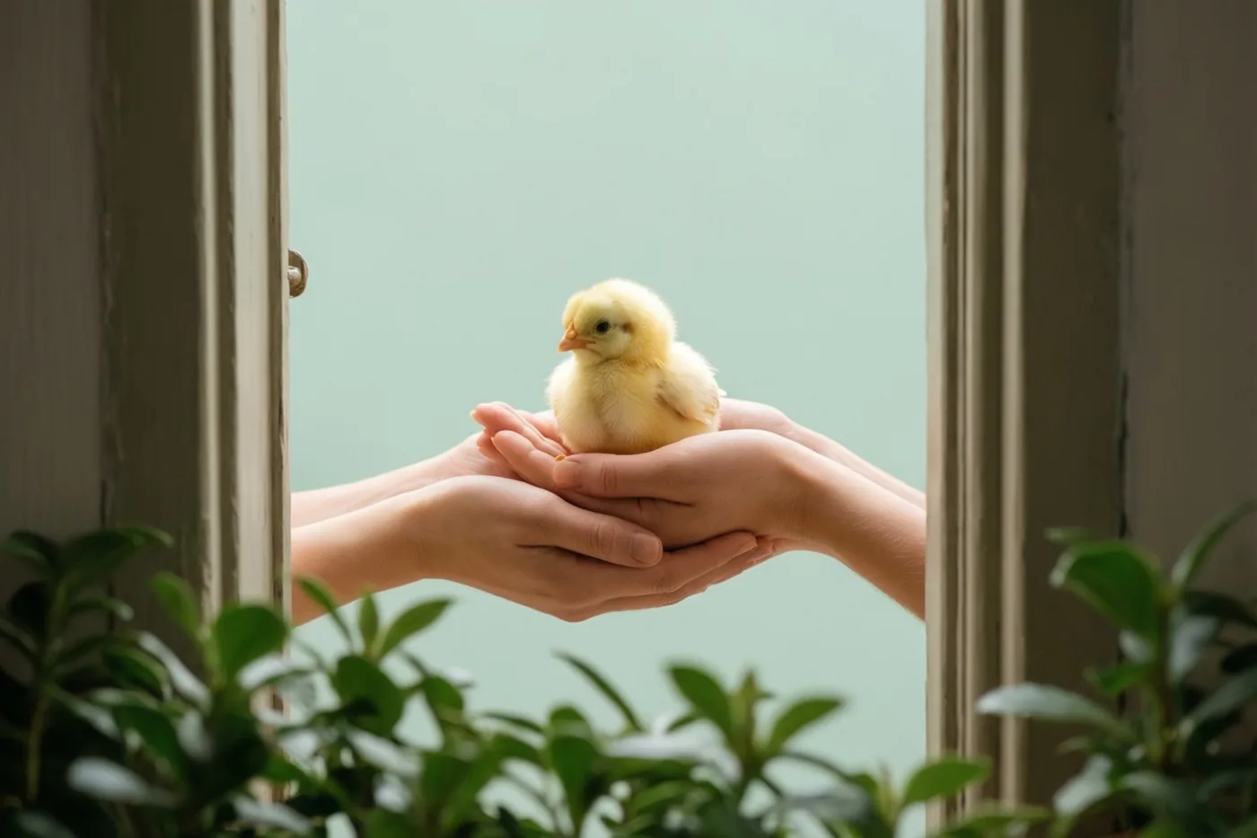 Door een raam zijn twee handen met een klein geel kuiken te zien, met groen op de voorgrond en een lichtgroene achtergrond.