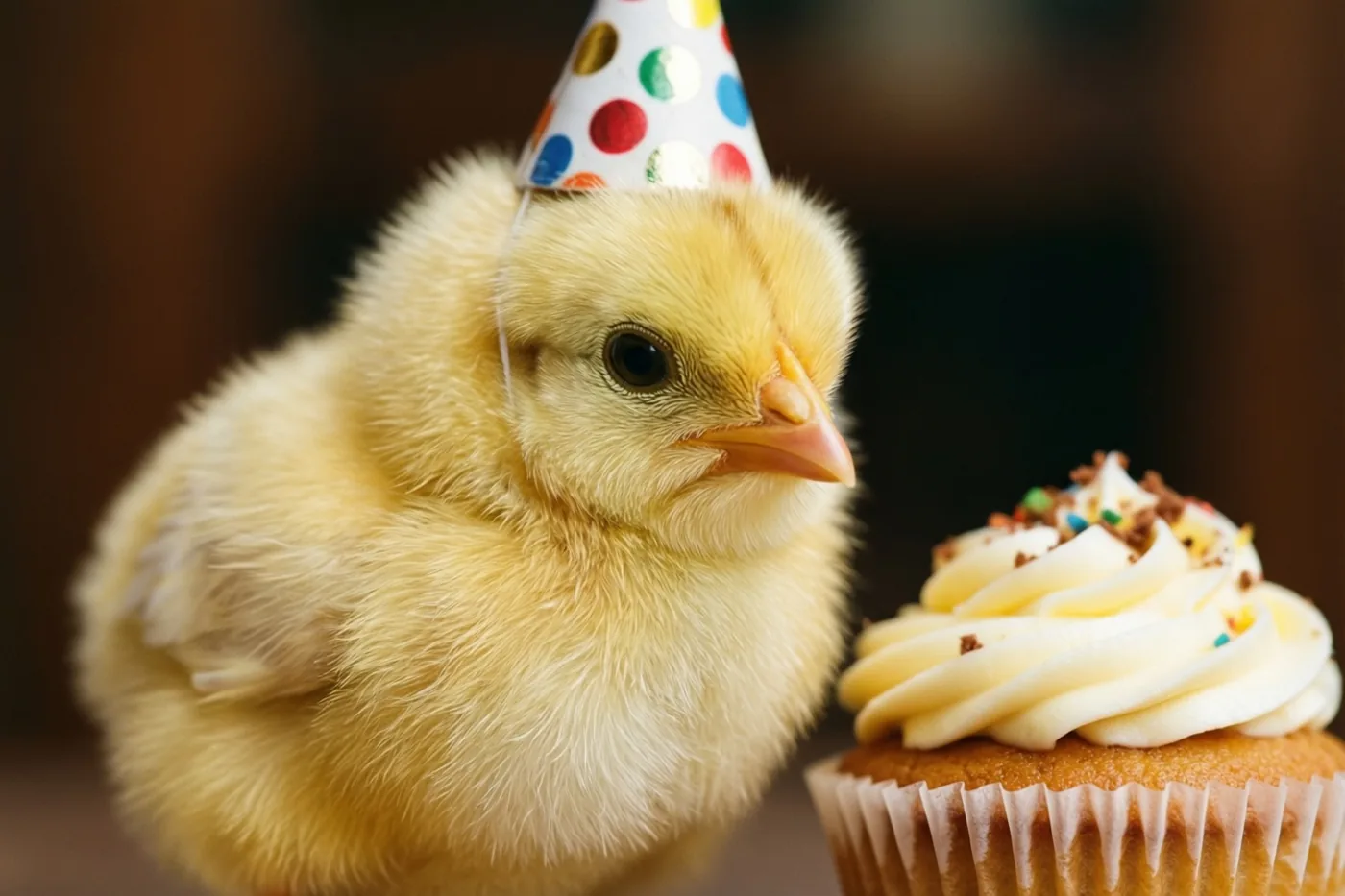 Een donzig geel kuikentje met een kleurrijk gestippeld feesthoedje staat naast een cupcake met wit glazuur en suikerstrooisel tegen een donkere, wazige achtergrond.