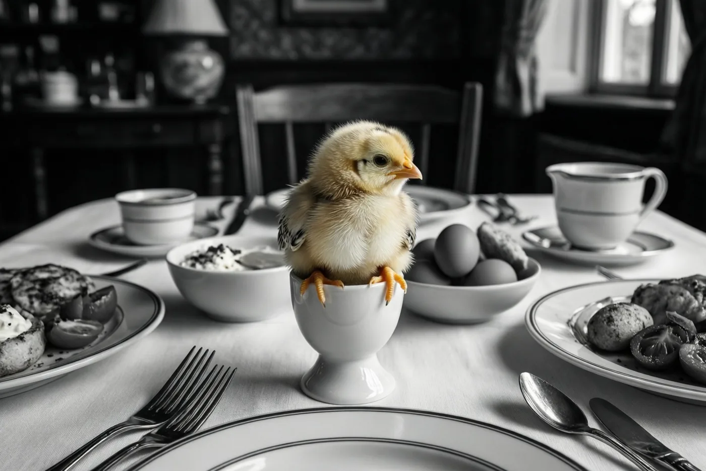 Op een zwart-witfoto zit een donzig kuikentje op de rand van een wit eierdopje op een gedekte ontbijttafel, met een wazige eetkamer op de achtergrond.