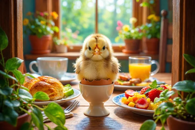 Een donzig geel kuikentje zit in een eierdopje op een houten ontbijttafel tussen borden eten en planten in potten, in warm ochtendlicht van een raam.
