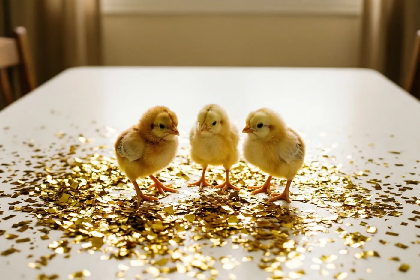 Drie donzige gele kuikens staan op een witte tafel met glinsterende gouden confetti in warm licht.