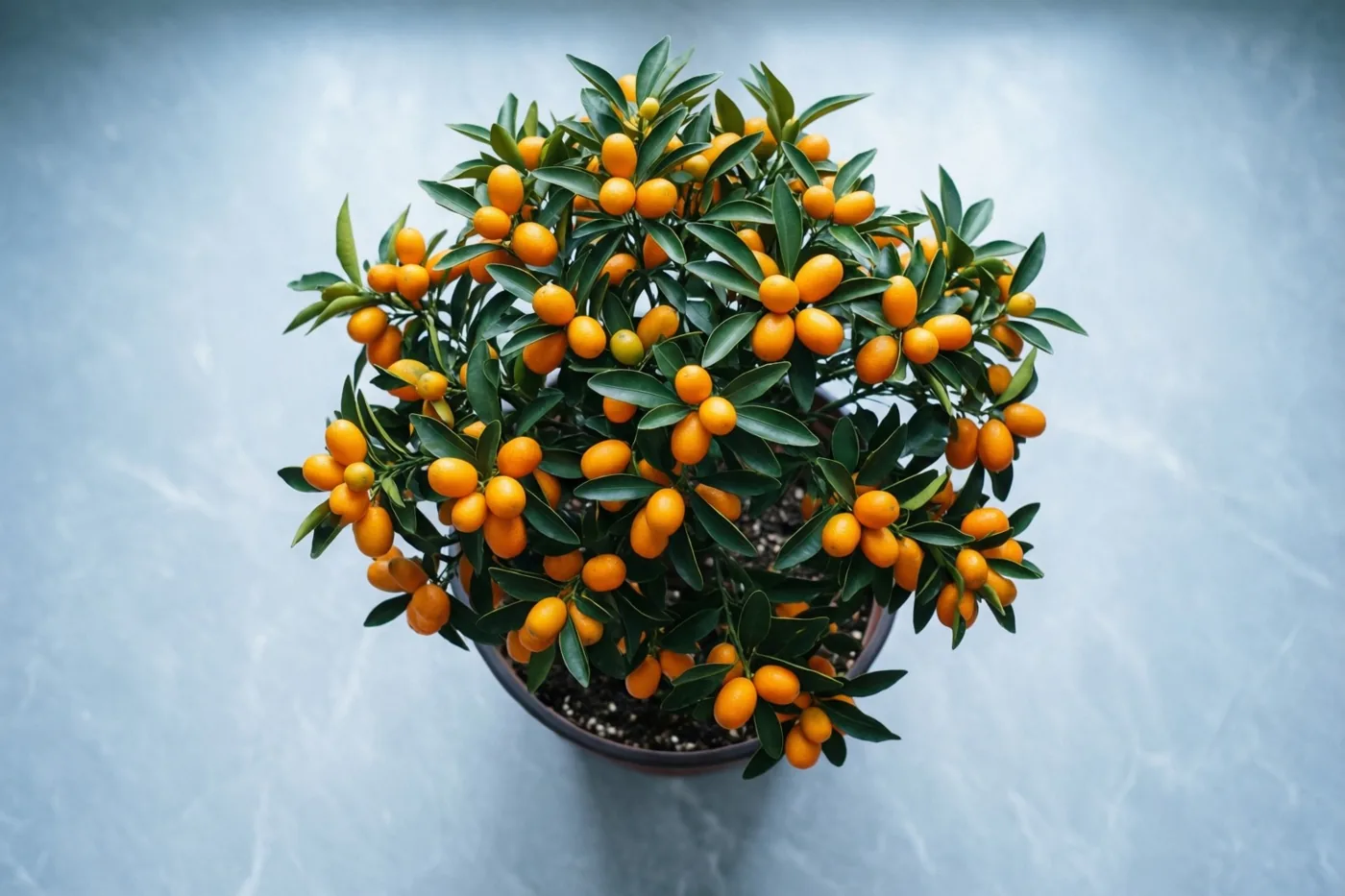 Een kumquatboompje in een pot draagt veel feloranje vruchtjes tussen glanzende groene bladeren en staat op een glad lichtblauwgrijs oppervlak.