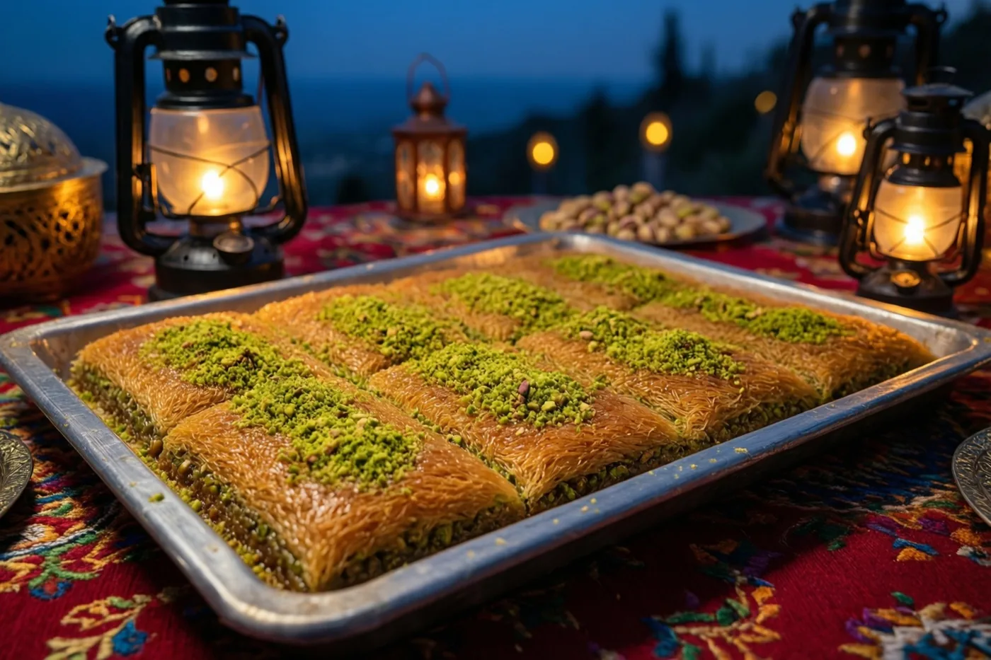 Een schaal goudkleurige kunafa met gehakte pistachenoten staat in de schemering op een rood tafelkleed met rijke patronen, verlicht door lantaarns.